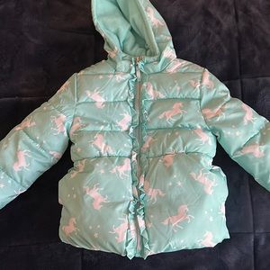 Turquoise little girls winter coat w/unicorn print & hood, size 4T